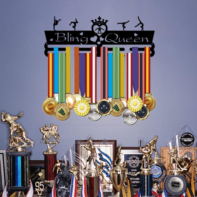 SUPERDANT Medal Holder Display Woman Gymnastics Medal Hanger Motivating Word Bling Queen Black Iron Wall Mounted Hooks for Sports Competition Wall Hanging Rack Gifts for Athletes 15.75X6in - Image 2
